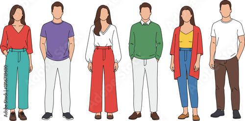 Diverse group of young men and women standing together wearing colorful stylish smart casual outfits, flat vector illustration set,