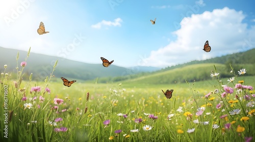 Butterflies flying over colorful wildflowers in a serene natural landscape