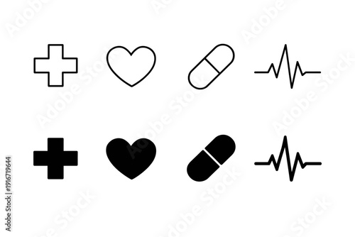 Set of minimal medical icons showing cross, heart, capsule pill, and heartbeat ECG line in outline and solid styles on a clean white background