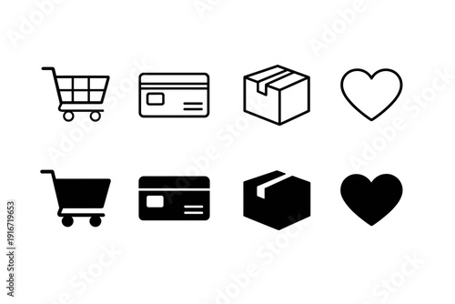 Set of ecommerce UI icons showing shopping cart, credit card, shipping box, and heart favorites in outline and solid styles on white background