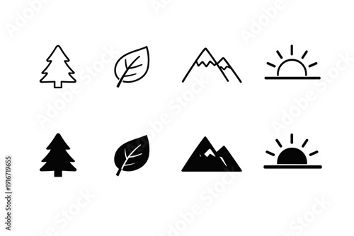 Minimalist nature icon set showing tree, leaf, mountain, and sunrise symbols in outline and solid styles, black vector pictograms on white