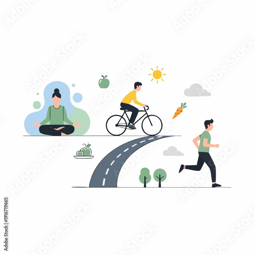 Flat Illustration of Healthy Lifestyle Activities with Yoga, Cycling, and Running Scene