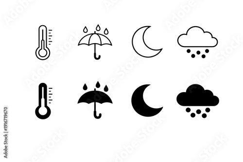 Minimal black and white weather icon set showing thermometer temperature, umbrella with raindrops, crescent moon night, and cloud with hail precipitation