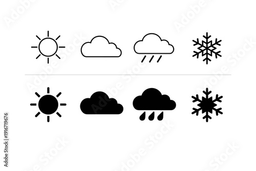 Minimal weather icon set showing sunny, cloudy, rainy, and snowy conditions in outline and filled styles for forecasts and interface design use