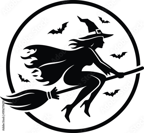 Flying Witch on Broom Silhouette with Bats