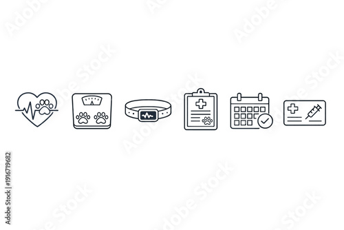 Row of glowing veterinary care icons showing pet health, weight scale, tracker collar, medical kit, appointment calendar, and vaccination record on dark background