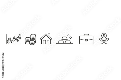 Minimal monochrome finance banner with line icons for investment chart, savings coins, home mortgage, gold bars, briefcase portfolio, and growth plant