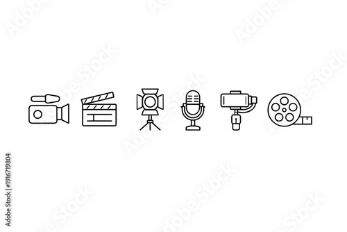 Minimal line icons of video production equipment showing camcorder, clapperboard, studio spotlight, microphone, gimbal camera, and film reel