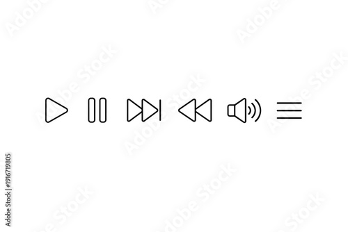 Minimal line icons of media player controls showing play, pause, next, previous, rewind, volume sound waves, and a menu list on white