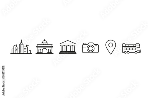 Minimal line icons set showing city skyline, monument building, museum, camera, location marker, and bus on dark gradient background
