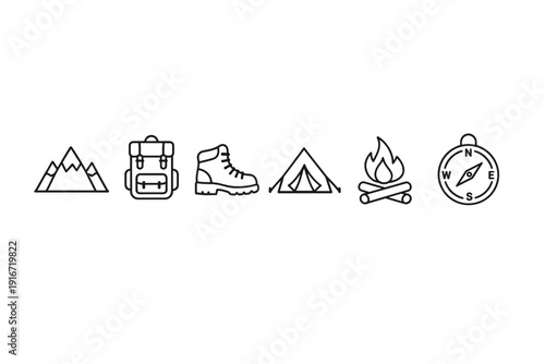 Minimal outdoor adventure line icons featuring mountains, hiking backpack, trekking boot, campsite tent, campfire, and compass on white background