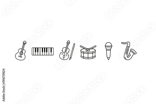 Minimal black outline icons of musical instruments and audio gear, featuring guitar, keyboard, violin, drum, microphone, and saxophone on a dark background