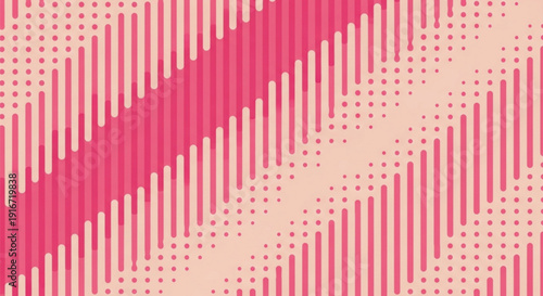 Diagonal pattern of pink lines and dots on a beige background. The bold, rhythmic design creates a sense of movement and modernity.