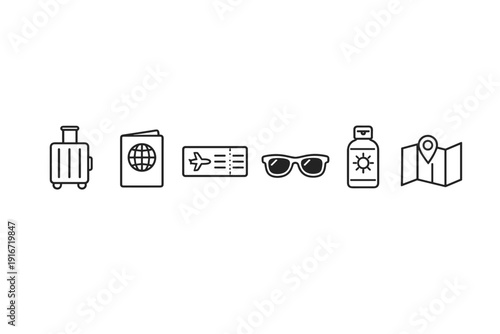 Minimalist travel line icons set featuring suitcase, passport, airplane ticket, sunglasses, sunscreen bottle, and folded map with location pin