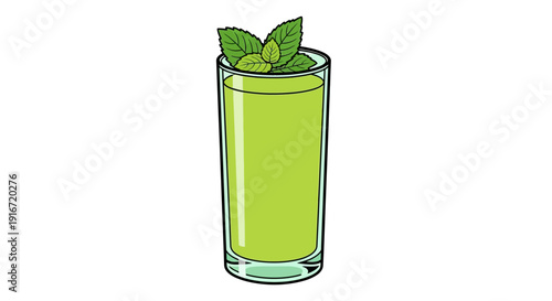 A digital illustration of a refreshing green drink in a glass with mint leaves on top, viewed from the side.