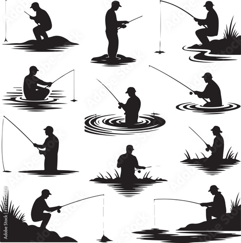 black silhouettes of men fishing in various positions and locations