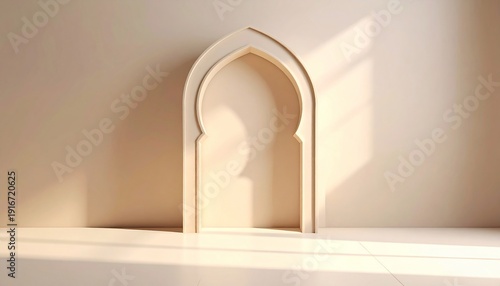 Minimalist Wooden Archway Design with Soft Lighting and Shadows for Background.
