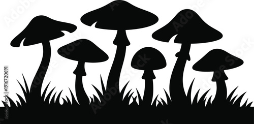 Black silhouettes of mushrooms growing in grass on a transparent background
