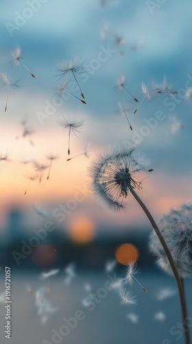Vibrant photo of Dandelion seed blowing in the wind at sunset over lake