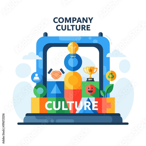 Company Culture Concept with Laptop and Icons.