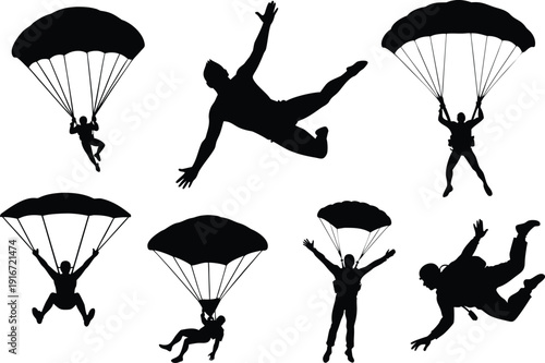 Skydiver silhouette collection showing parachuting people in extreme sports action