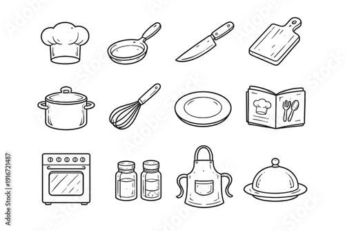 Set of hand-drawn kitchen cooking icons featuring chef hat, frying pan, knife, cutting board, pot, whisk, plate, oven, seasonings, apron, and serving cloche