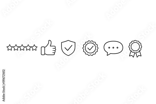 Minimal line icon set featuring star rating, thumbs up, security shield, verified badge, chat bubble, and award ribbon for feedback and trust symbols