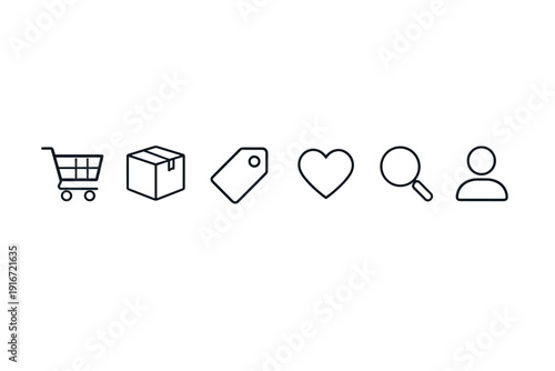 Minimal black line interface icons showing shopping cart, package box, price tag, heart favorite, search magnifier, and user profile on white background