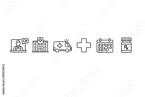 Minimal line healthcare icons showing telemedicine doctor, hospital, ambulance, medical cross, appointment calendar and prescription pill bottle on white