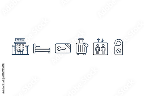 Row of simple travel icons showing hotel building, bed, keycard, luggage, elevator, and doorhanger on dark background for hospitality services