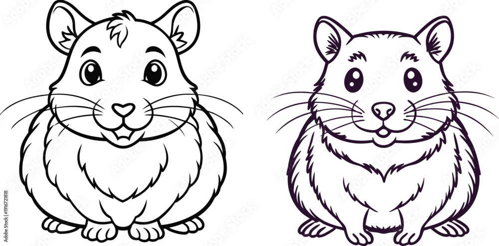 Fototapeta premium Cute hamster line art illustration of two cartoon rodents on transparent background
