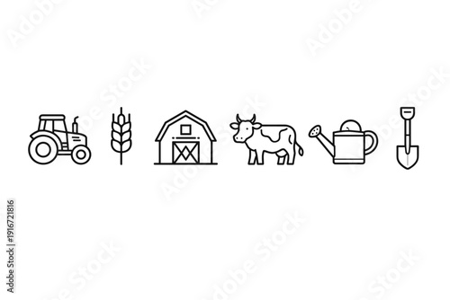 Minimal line icons showing tractor, wheat stalk, barn, cow, watering can, and shovel, representing agriculture, farming tools, livestock, and harvest