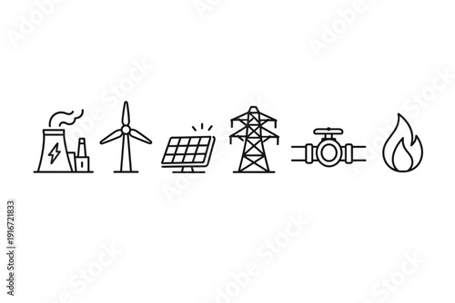 Minimal line icons showing power generation and distribution with plant, wind turbine, solar panel, transmission tower, pipeline valve, and gas flame