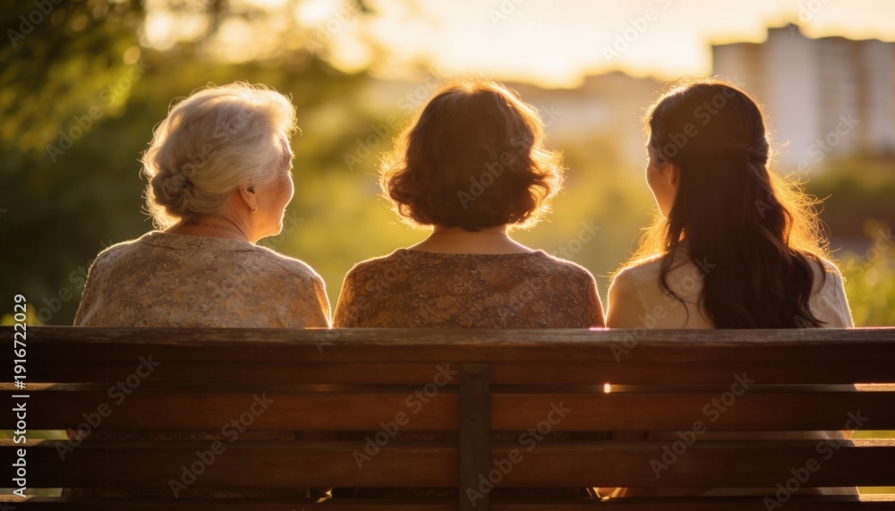 © Anna - Three women of different generations sitting on a park bench during golden hour. Family and friendship connection at sunset