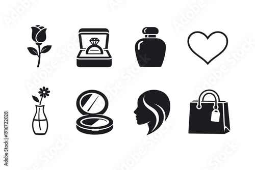 Black fashion and romance icon set featuring roses, engagement ring box, perfume bottle, heart outline, makeup compact, female profile, and handbag