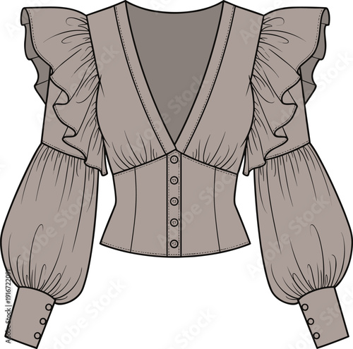 Elegant women’s blouse fashion illustration with deep V-neckline, voluminous sleeves, ruffled shoulders, button details, stylish garment design, apparel drawing artwork