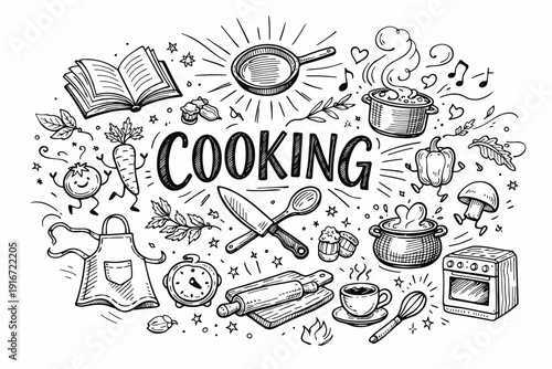 Hand-drawn cooking doodle banner featuring utensils, pans, vegetables, spices, and kitchen icons surrounding bold lettering in monochrome style