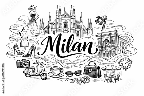 Hand-drawn Milan travel collage featuring cathedral skyline, fashion accessories, espresso, scooter, camera, architecture, and iconic city symbols