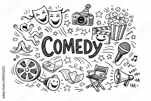 Hand-drawn comedy doodle collage with theater masks, microphone, film reel, clapperboard, popcorn, camera, megaphone and laughing icons