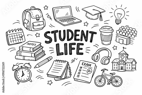 Hand-drawn student life doodle illustration with books, laptop, backpack, graduation cap, exam paper, coffee cup, bicycle and school icons