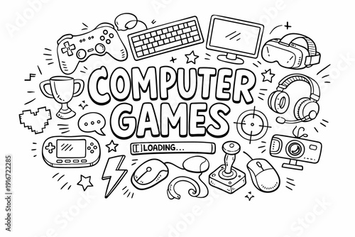 Hand-drawn doodle illustration of computer games lettering surrounded by gaming devices like gamepad, keyboard, headset, joystick, mouse and trophies