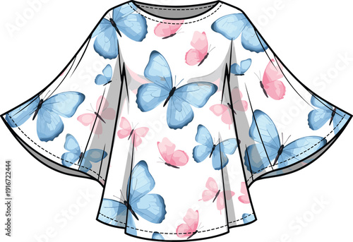 White blouse with butterfly print, women’s fashion clothing illustration, textile garment artwork, stylish apparel design, pastel fabric pattern drawing, summer outfit concept
