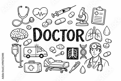Hand-drawn medical doodles with doctor portrait and healthcare icons including stethoscope, syringe, pills, ambulance, microscope, lungs, and DNA