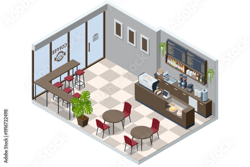 Isometric cafe interior with coffee bar, menu board, seating area, table and chair. Cozy coffee shop layout for restaurant or cafeteria design.