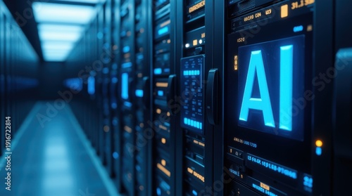 Futuristic AI Hub, Silver & Azure Server Room