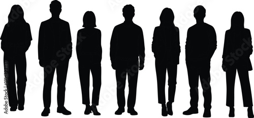 Flat design illustration of modern men and women in stylish colorful casual and professional outfits standing on white background