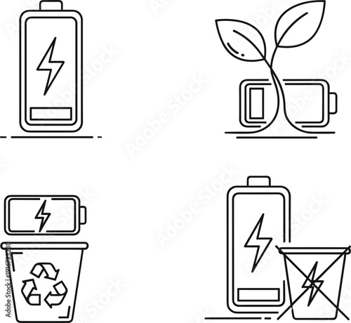 Battery recycling and green energy icon set with charging lightning bolt leaves and recycle bin outline vector,