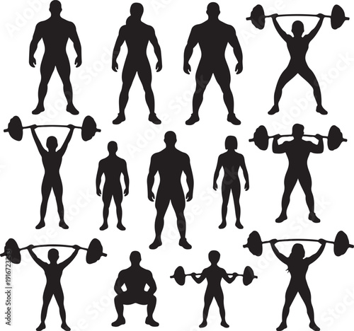 Black silhouettes of people exercising with dumbbells and barbells