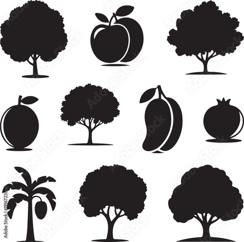Black silhouettes of trees and fruits on white background