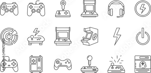 Gaming Icons Set Including Controllers, Joysticks, and Arcade Machines